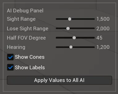 Runtime debug panel: sliders for sight range, lose-sight range, half FOV angle, and hearing, with show-cones and show-labels toggles and an apply button