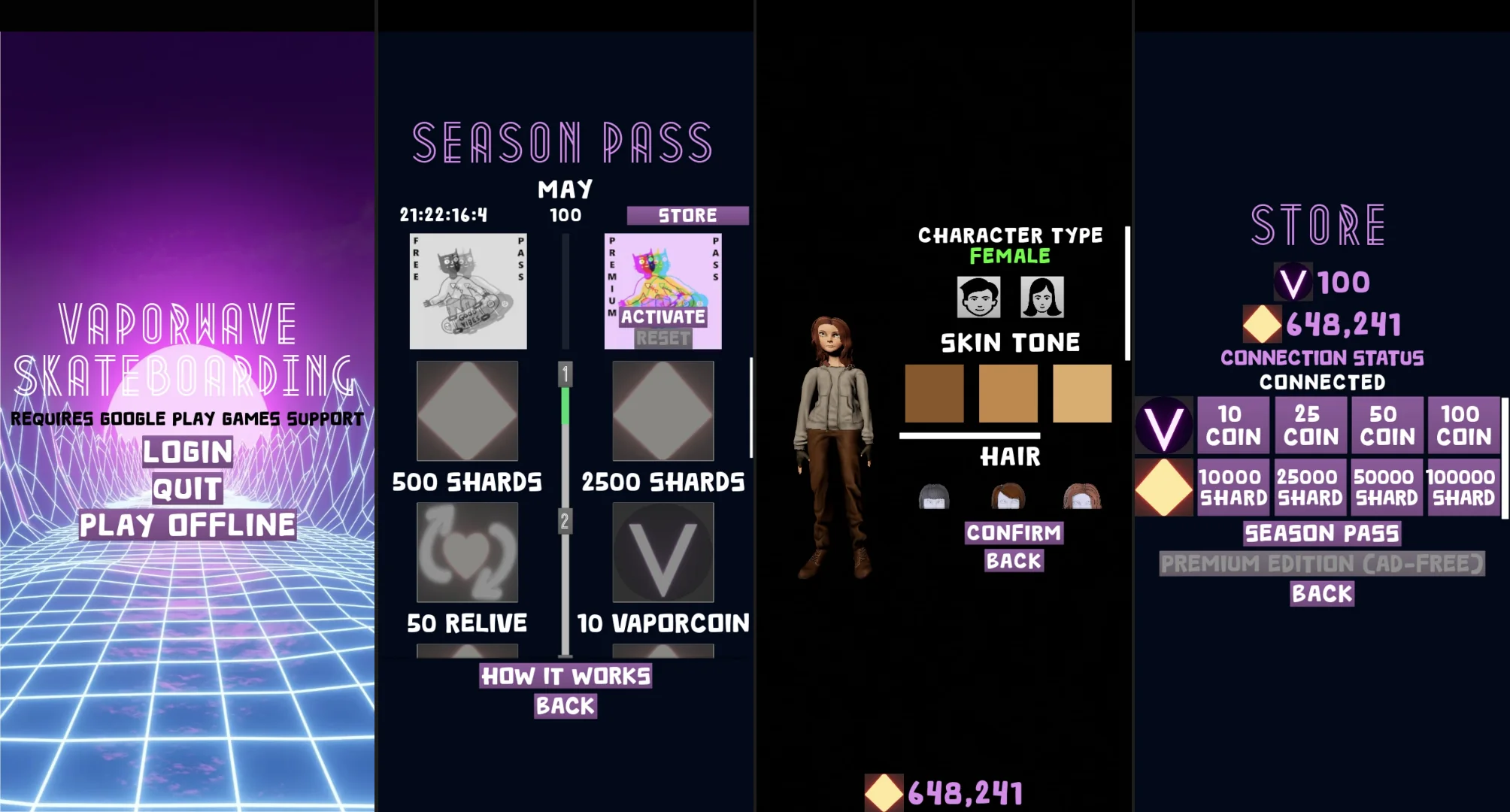 Main menu, season pass with free and premium tiers, character customization (type, skin tone, hair), and the store with V-coin and shard bundles