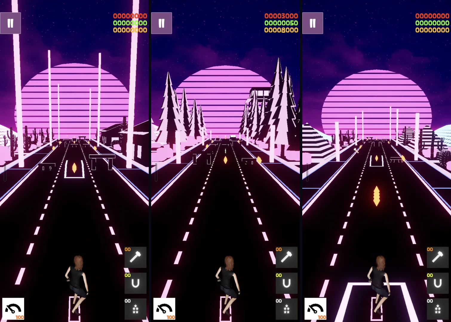 Three runs in different environments: desert with cacti, a pine forest, and a landscape of pyramids